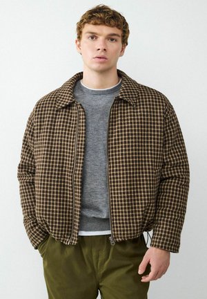 Ung mand iført brunternet lynlåstrøje over grå sweater og olivengrønne bukser, stående mod en ensfarvet lys baggrund.