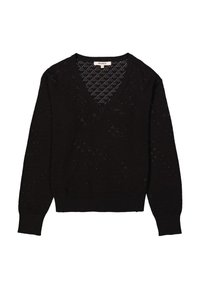 Pull noir en tricot avec un col en V, présentant un motif texturé et des poignets et un ourlet côtelés. Légèreté avec une coupe décontractée.