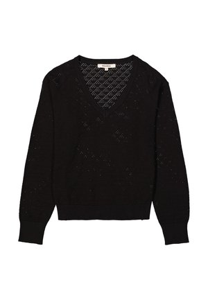 Pull noir en tricot avec un col en V, présentant un motif texturé et des poignets et un ourlet côtelés. Légèreté avec une coupe décontractée.