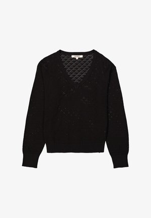 Black knitted sweater with a V-neck, featuring a textured pattern and ribbed cuffs and hem. Lightweight with a relaxed fit.