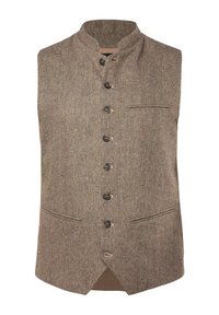Chaleco marrón texturizado con cuello alto, seis botones delanteros, dos bolsillos inferiores con ribete y un bolsillo superior con ribete.