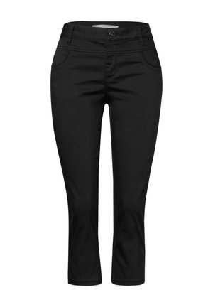 Pantalones negros hasta la rodilla hechos de una tela suave. Presenta un cierre de botón, dos bolsillos frontales y un diseño ajustado.