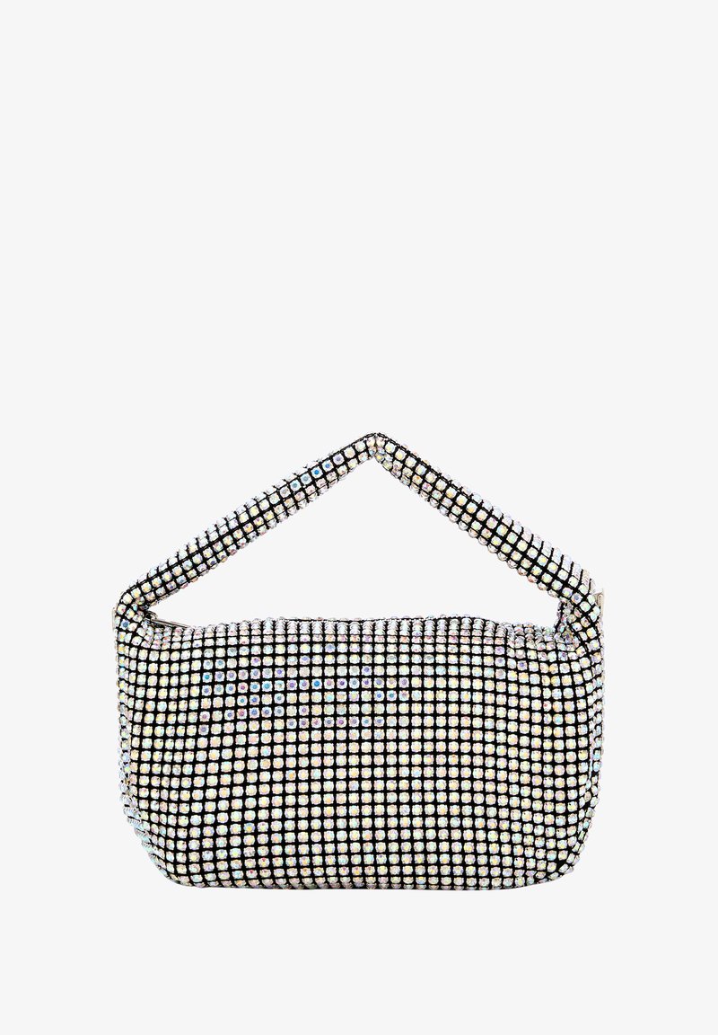 Svart handväska med rundad form, täckt av klara rhinestones. Har ett handtag på toppen för bärande och en slät yta.
