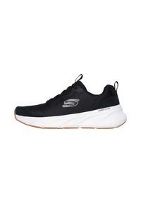 Black athletic shoe with a mesh upper, white midsole, and rubber outsole. Features a flat lace-up design and subtle branding on the side.