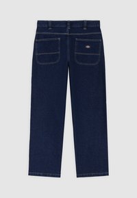 Dark blue denim trousers with a straight-leg design, featuring two back pockets and contrasting stitching details.