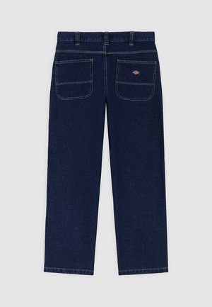 Dark blue denim trousers with a straight-leg design, featuring two back pockets and contrasting stitching details.