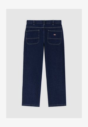Dark blue denim trousers with a straight-leg design, featuring two back pockets and contrasting stitching details.