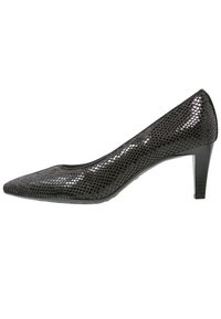 Talons aiguilles en cuir verni noir avec un bout pointu et un motif reptile texturé. Dispose d'un talon de hauteur moyenne et d'une doublure lisse.