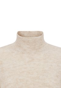 Pull col roulé beige en tissu tricoté doux avec un col côtelé et une texture subtile, offrant une coupe décontractée et confortable.