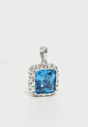 Silver pendant with a textured frame holding a large, square-cut bright blue gemstone, suspended by a thin chain.