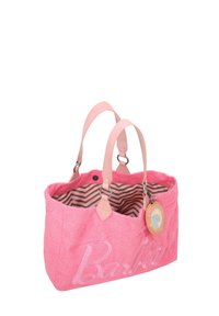 Roze stoffen draagtas met een gestructureerde afwerking. Voorzien van dubbele zachte hengsels, een gestreepte binnenkant en een vastgemaakt rond sieraad. 'Barbie' logo weergegeven.