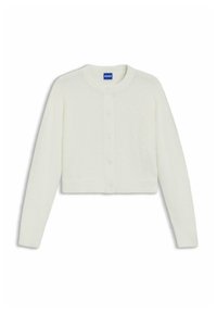 Vit förkortad cardigan tillverkad av mjukt, texturerat tyg. Har rund halsringning och framknäppning med knappar och en subtil lyster.