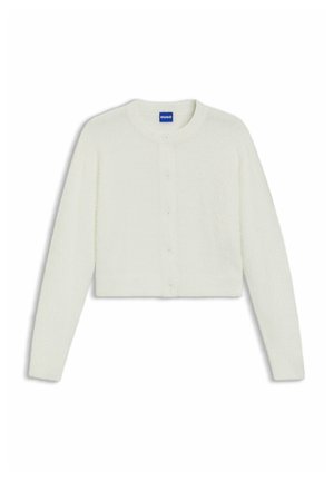 Hvid cropped cardigan lavet af blødt, struktureret stof. Har en rund halsudskæring og frontknaplukninger med en subtil glans.