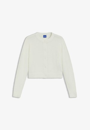 White cropped cardigan made from soft, textured fabric. Features a round neckline and front button closures with a subtle sheen.