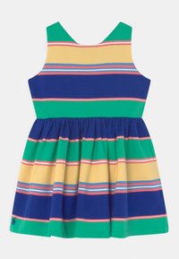 Ärmlös klänning med ett utsvävande kjol. Har horisontella ränder i grönt, blått, gult och rosa. Tillverkad av lättviktsmaterial.