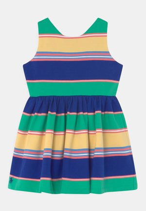 Ærmeløs kjole med en svajende nederdel. Har vandrette striber i grøn, blå, gul og pink. Lavet af letvægtsstof.