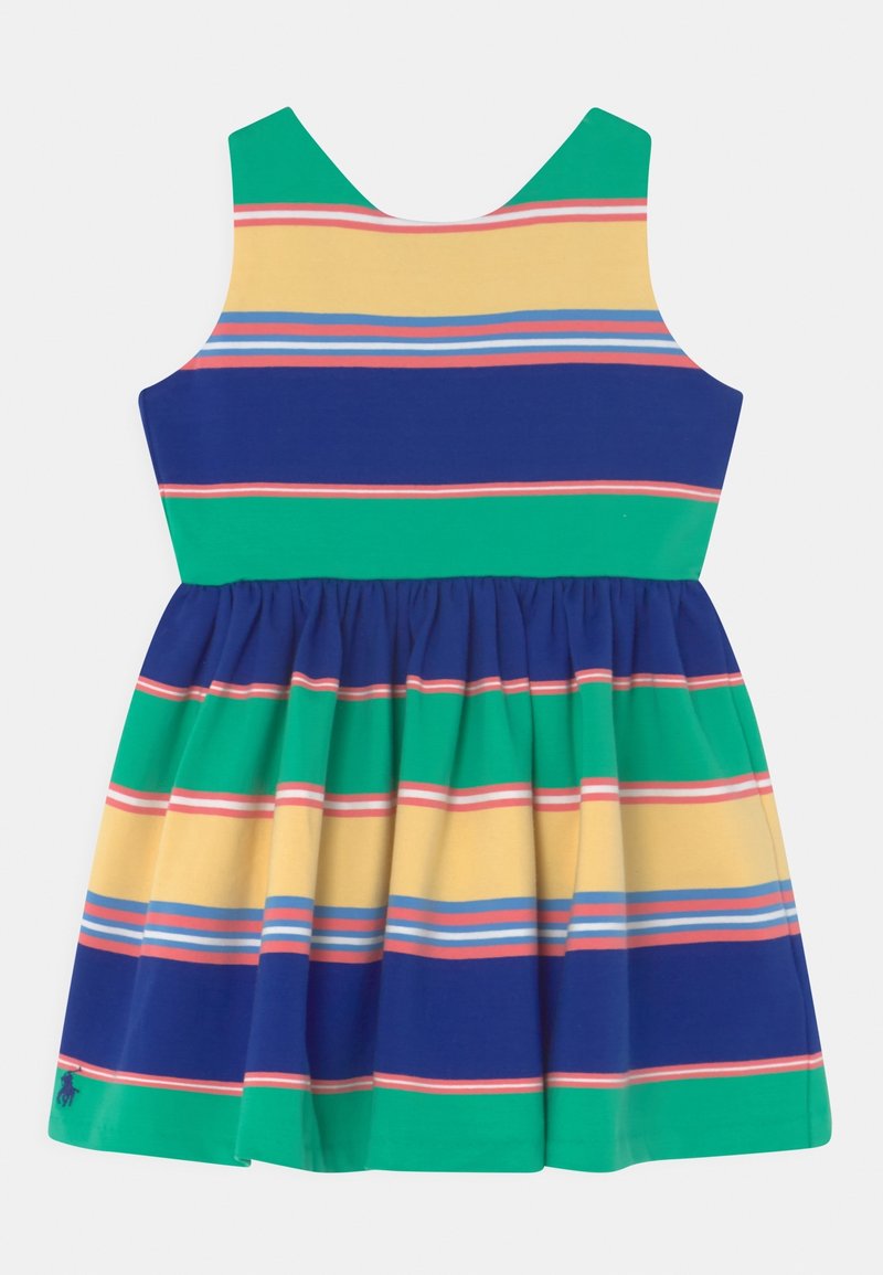 Ärmlös klänning med ett utsvävande kjol. Har horisontella ränder i grönt, blått, gult och rosa. Tillverkad av lättviktsmaterial.