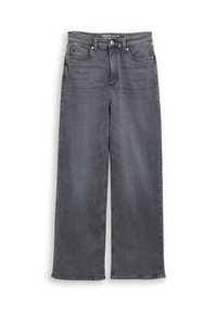 Szerokie jeansy z ciemnoszarego denimu. Posiadają standardowy stan, pięć kieszeni oraz delikatne przetarcia na materiale. Klasyczne przeszycia.