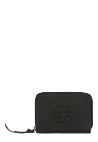 Black leather zip wallet with textured surface, embossed logo on front, and a small leather zipper pull. Compact rectangular shape.