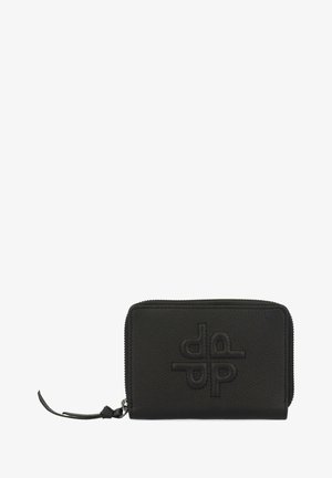 Black leather zip wallet with textured surface, embossed logo on front, and a small leather zipper pull. Compact rectangular shape.