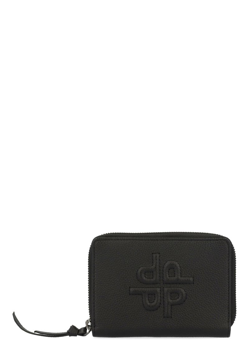 Black leather zip wallet with textured surface, embossed logo on front, and a small leather zipper pull. Compact rectangular shape.