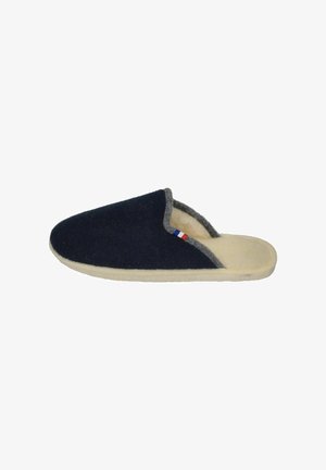 Navy felt slipper with a gray lining, open back, beige sole, and a small French flag accent near the vamp. Soft texture and simple design.