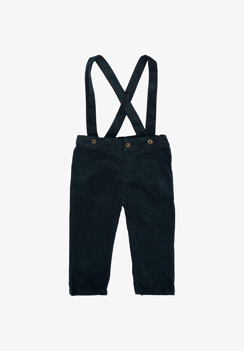 Pantalons en velours côtelé noirs pour enfants avec des bretelles croisées réglables et des fermetures à boutons à la taille.