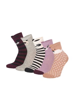Fünf bunte Knöchelsocken mit Tiergesichtern und Mustern: gestreifter Waschbär, grauer Bär, gestreifter Panda, lila Hirsch und gepunkteter Fuchs.