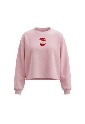 Lyserød cropped sweatshirt med lange ærmer, ribstrikkede ærmeafslutninger og et lille broderet motiv af et delvist spist rødt æble med ansigt på brystet.