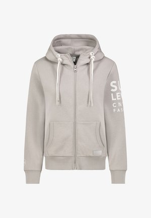 Grau Farbiges Zip-Hoodie aus weichem Material, mit einer Kordelzugkapuze, zwei Vordertaschen und weißem Logotext auf dem rechten Ärmel.