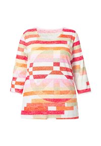 Värikäs, raidoitettu pitkähihainen t-paita, jossa on rauhan symboli pinkin, oranssin ja punaisen sävyissä, valmistettu kevyestä kankaasta, jossa on teksturoitu pinta.