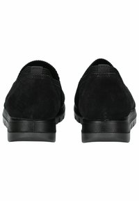 Scarpe in suede nere con un design elegante, dotate di una tomaia in tessuto texturizzato, tacco arrotondato e suola in gomma flessibile. Cuciture rinforzate lungo i bordi.