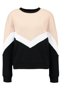 Sweatshirt coloré en blocs de pêche, blanc et noir. Présente un motif en chevrons, un col ras du cou côtelé et des poignets. Tissu doux et texturé.