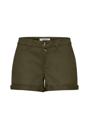 Bermudas verde oliva hechas de una mezcla de algodón, con un diseño ajustado, dos botones frontales y puños enrollados en el dobladillo.