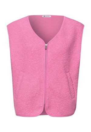 Gilet en polaire rose avec fermeture éclair frontale, design sans manches, encolure arrondie et deux poches latérales.