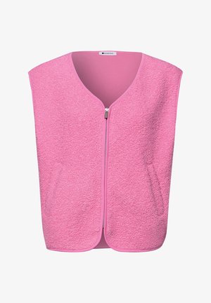 Gilet en polaire rose avec fermeture éclair frontale, design sans manches, encolure arrondie et deux poches latérales.