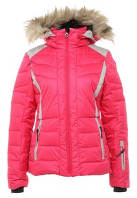 Pink puffer jacket with a fur-lined hood, zippered front, and grey accents. Features zip pockets and a quilted texture. Water-resistant material.