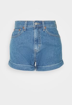 Højtaljede denimshorts i lyseblå, med rullekant, fem-lommers design og metalknaplukning med kontrastsyninger.