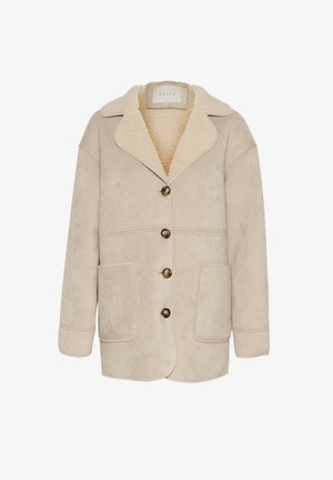 Beige suede jacket with a soft faux shearling collar, five brown buttons, and two front pockets. Casual design, relaxed fit.