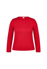 Roter, langärmeliger Strickpullover mit Rundhalsausschnitt, vor einem weißen Hintergrund präsentiert.