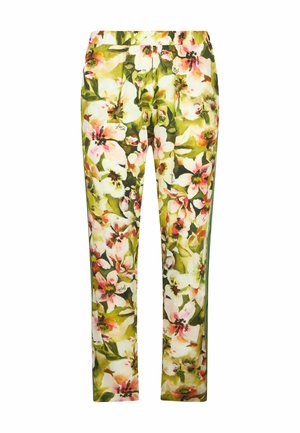 Floral pants featuring a green base with large pink and white blossoms, made of lightweight fabric, with an elastic waistband for comfort.
