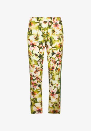 Pantaloni floreali con una base verde e grandi fiori rosa e bianchi, realizzati in tessuto leggero, con un elastico in vita per il massimo comfort.