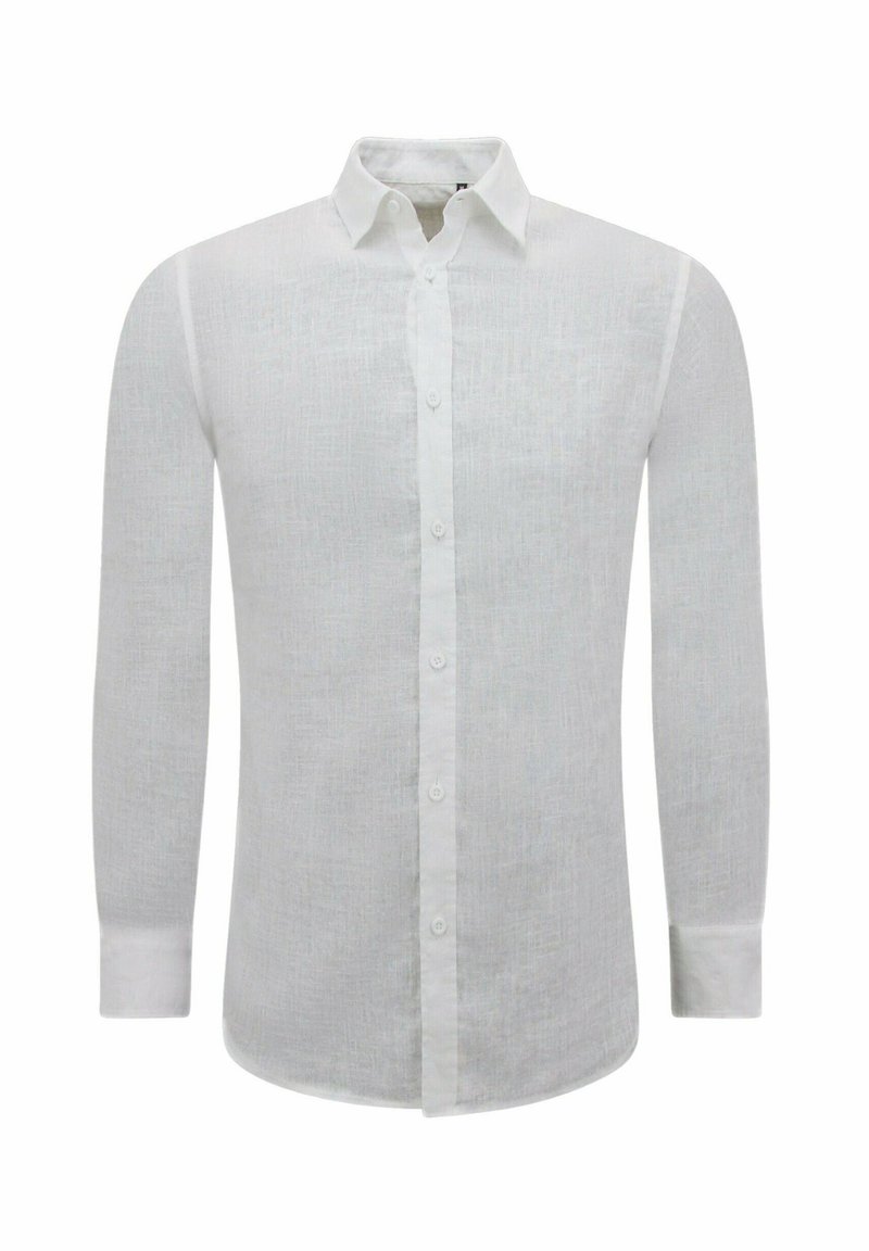 Witte linnen overhemd met lange mouwen, een kraag en knoopsluiting, en een gestructureerde stof. Klassieke pasvorm met standaard manchet.