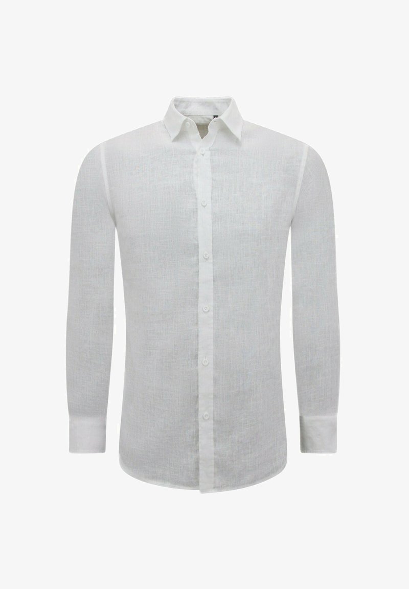 Witte linnen overhemd met lange mouwen, een kraag en knoopsluiting, en een gestructureerde stof. Klassieke pasvorm met standaard manchet.