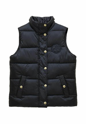Padded black vest with a high collar, gold snap buttons, and side pockets. Features quilted panels and an embroidered logo on the chest.