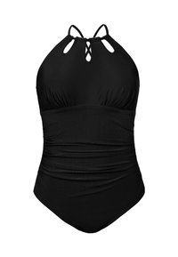 Zwart eendelig badpak met halternek, beschikt over geplooide details en een uitsnijding bij de halslijn, gemaakt van een soepele stof.