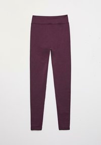 Leggings bordeaux realizzati in tessuto elasticizzato, con vita alta, design aderente e tasche laterali. Texture liscia senza motivi o accessori visibili.