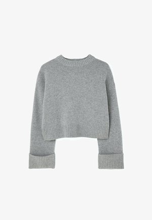 Hallav, pehmeast kudumist valmistatud hall lühike kampsun, millel on soonikust ümar kaelus ja soonikuga mansetid, sileda tekstuuriga kogu ulatuses.