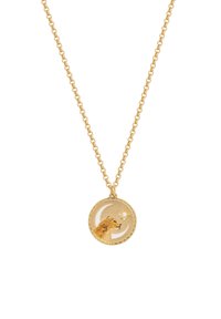 Collier en chaîne d'or avec un pendentif rond représentant une tête de guépard peinte et une petite étoile avec un centre en perle.
