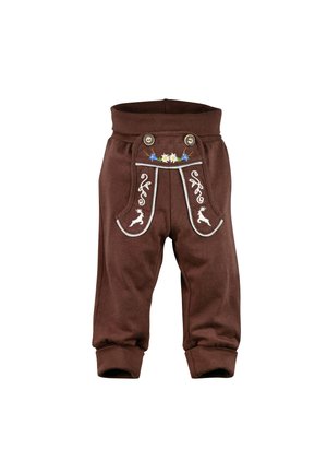 Braune Kleinkind-Hosen mit dekorativer Stickerei, weißen Akzenten, zwei vorderen Knöpfen und umgeschlagenen Säumen. Weicher, strukturierter Stoff.